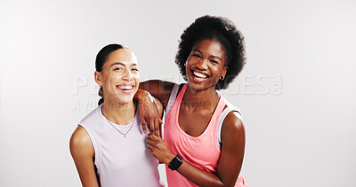 Buy stock photo Happy, fitness and portrait of friends in studio with confidence for exercise, training and workout. Mockup space, athletes and women with smile hug for wellness, pride or health on white background