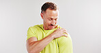 Fitness, shoulder pain and injury with man in studio for workout accident, inflammation or fibromyalgia. Exercise mistake, bodybuilder emergency and sprain with person on white background for tension