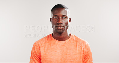 Buy stock photo Fitness, serious and portrait of black man in studio for workout, gym about us and personal trainer. Wellness, training coach and bodybuilder advisor with person on white background for sports