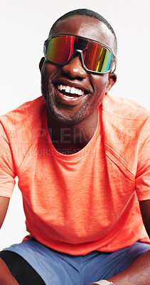 Buy stock photo Sunglasses, fitness and smile with black man in studio for uv protection, workout gear and health. Training, anti glare lens and wraparound glasses with person on white background for eyewear