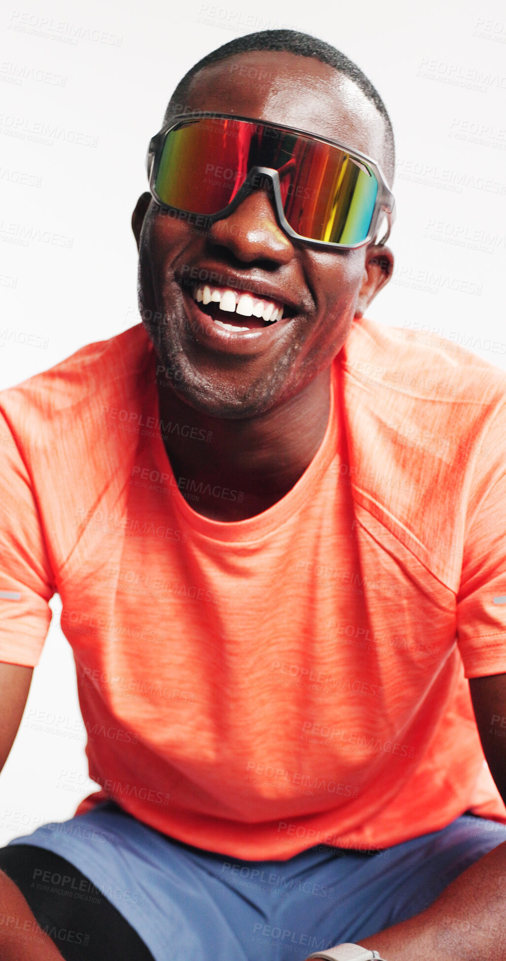 Buy stock photo Sunglasses, fitness and smile with black man in studio for uv protection, workout gear and health. Training, anti glare lens and wraparound glasses with person on white background for eyewear