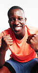 Fitness, success and portrait of black man in studio for health, workout goal and training progress. Challenge, exercise target and wellness with person on white background for sports athlete