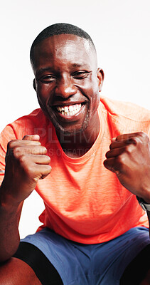 Buy stock photo Fitness, success and portrait of black man in studio for health, workout goal and training progress. Challenge, exercise target and wellness with person on white background for sports athlete