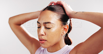 Buy stock photo Tired, fitness and woman in studio breathe from exercise, training and recovery on white background. Sports, athlete and person with sweat, fatigue and rest for wellness, health and wellbeing
