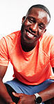 Happy, fitness and portrait of black man in studio with confidence for exercise, training and workout. Space, athlete and African person with smile for wellness, pride and health on white background