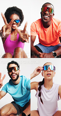 Buy stock photo Athlete, fashion and group with sunglasses, collage and happy with aesthetic in studio and wellness. White background, confident and people with shield eyewear for UV protection, montage and fitness