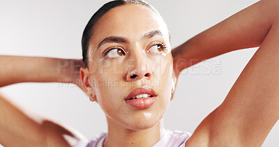 Buy stock photo Tired, fitness and woman in studio thinking for exercise, training and workout. Reflection, intense and person with sweat, fatigue and breathe for wellness, recovery and health on white background