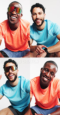 Buy stock photo Collage, fitness and portrait of men in studio with confidence for exercise, training and workout. Montage, athlete and people with smile, pride and happy for wellness, health and white background