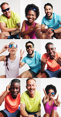 Buy stock photo People, fitness and montage in studio, happy and sunglasses in portrait on white background. Men, women and smile with peace sign, headphones or collage for training, exercise or excited for wellness