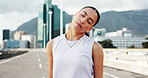 Stretching, neck and woman in city for exercise, marathon training and start workout outdoor. Sports, athlete and person with warm up for wellness, health and mobility for fitness in urban town