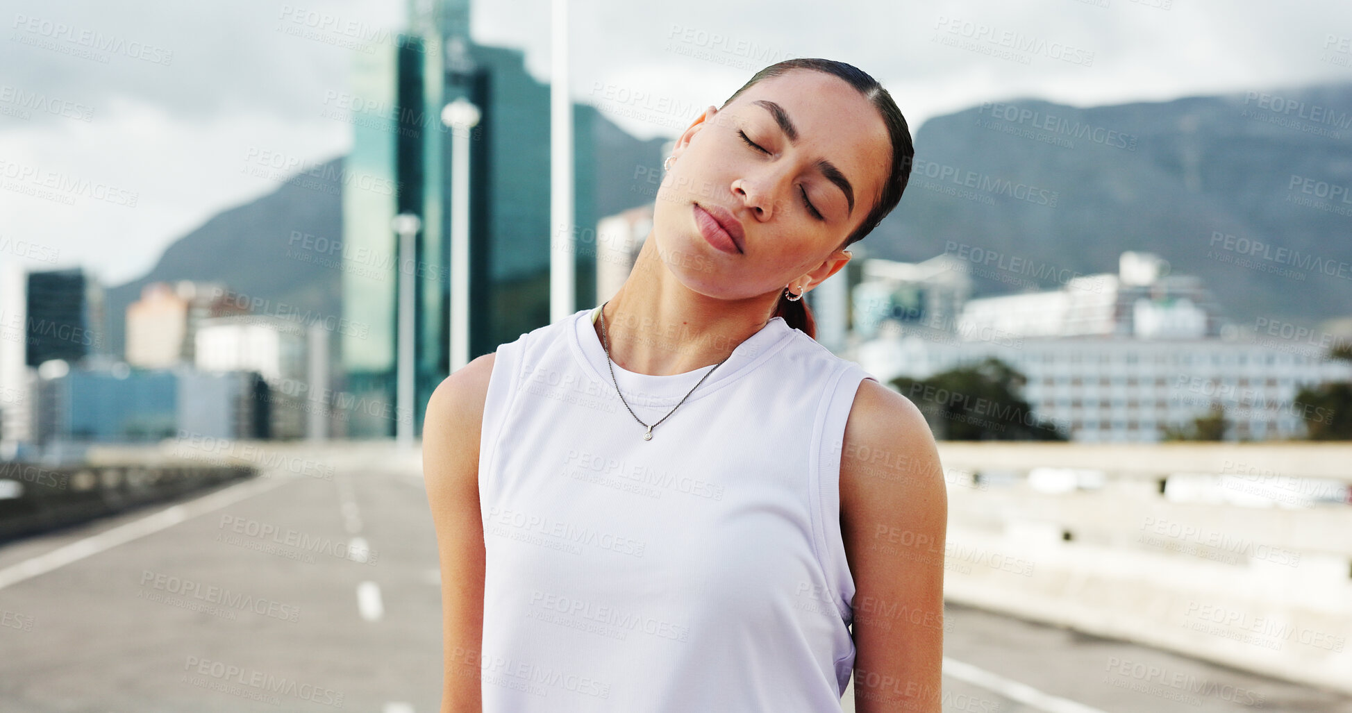 Buy stock photo Stretching, neck and woman in city for exercise, marathon training and start workout outdoor. Sports, athlete and person with warm up for wellness, health and mobility for fitness in urban town