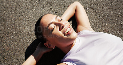 Buy stock photo Tired, exercise and above of woman on road for rest, recovery and relax for fitness, workout and training. Sports, outdoor and person with fatigue in town for health, wellness and break for cardio
