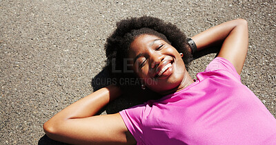 Buy stock photo Happy, fitness and above of black woman on road for rest, recovery and relax for exercise, workout and training. Sports, outdoor space and person in town for health, wellness and break for cardio
