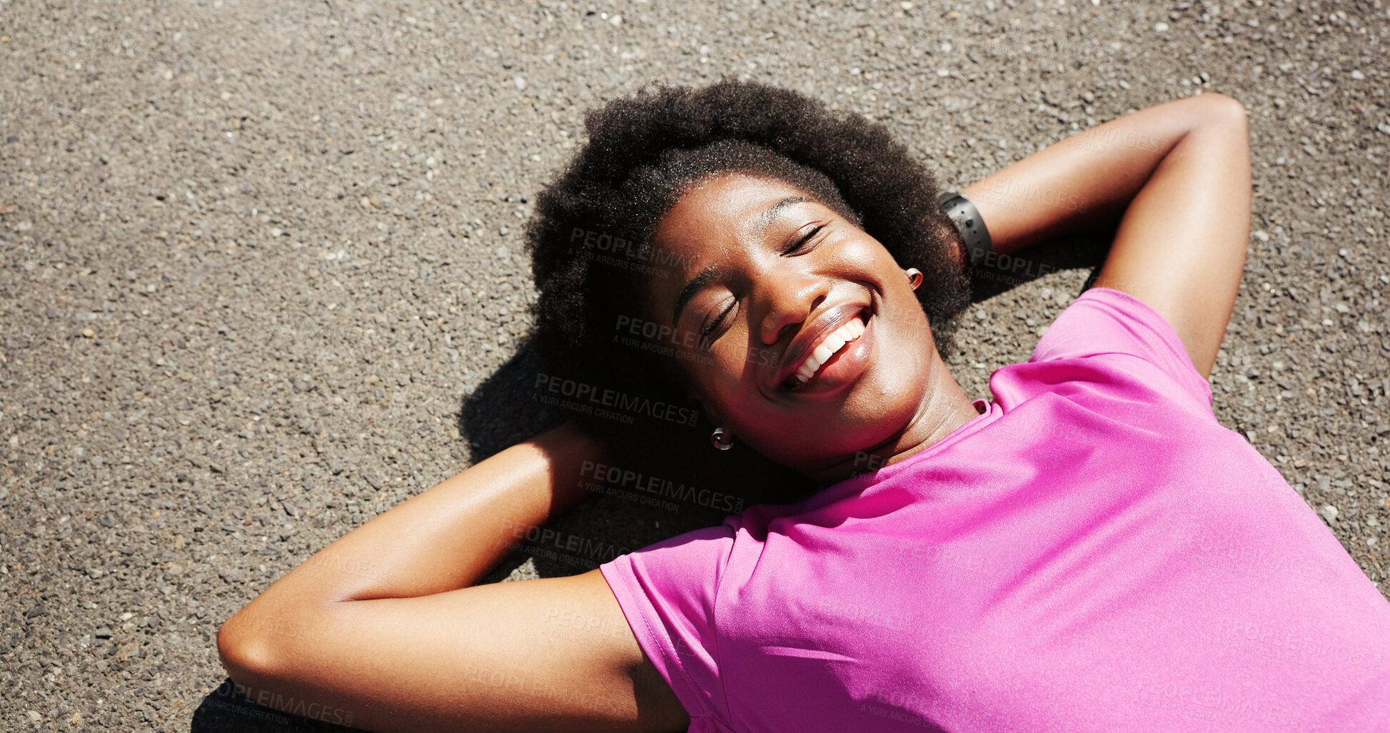Buy stock photo Happy, fitness and above of black woman on road for rest, recovery and relax for exercise, workout and training. Sports, outdoor space and person in town for health, wellness and break for cardio