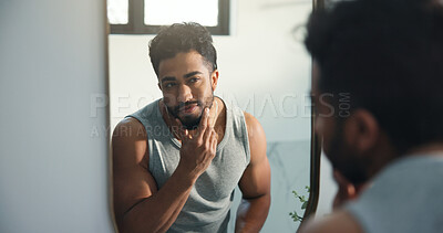 Buy stock photo Man, check and face in mirror for skincare with healthy skin, beard growth and treatment results. Male person, reflection and beauty with facial inspection, dermatology benefits and grooming at house