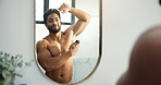 Man, spray armpit and bathroom mirror for hygiene in home, fragrance or reflection for morning routine. Person, grooming and shirtless with deodorant for odor, sweat and happy with bottle at house