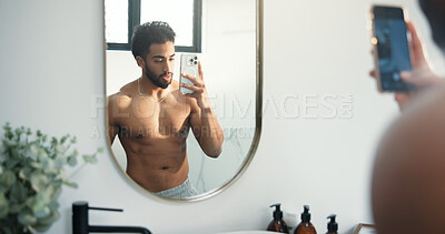 Buy stock photo Man, selfie and bodybuilder at bathroom mirror in home for results, shirtless or post on web in morning. Person, influencer and content creator with reflection, muscle growth or social media at house