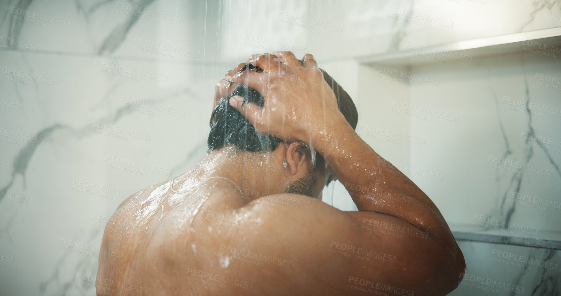 Buy stock photo Water, hair care and man in shower in bathroom for germs, dirt or bacteria removal with shampoo. Grooming, dermatology and male person washing skin for health, wellness or morning routine in home.