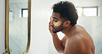 Man, mirror and eye patches for skincare in bathroom to reduce puffiness, dark circles and beauty. Male person, reflection and cosmetics with collagen, anti aging treatment and brighten skin in house