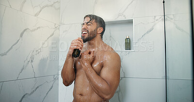 Buy stock photo Singing, water and man in shower in bathroom with music for washing, body care or grooming. Dermatology, karaoke and male person with cleaning skin for hygiene with playlist, radio or album in home.