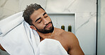 Man, towel and smile with hair care in bathroom, grooming and dry scalp for shampoo treatment in home. Person, cloth and cleaning with hairstyle, wash and morning routine with hygiene at apartment