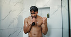 Singing, grooming and man in shower in bathroom with music for washing, body care with water. Dermatology, karaoke and male person with cleaning skin for hygiene with playlist, radio or album in home