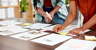 Buy stock photo Sticky note, documents and hands with business women for campaign, project timeline and mindmap. Target audience briefing, branding pitch and brainstorming session with employees for meeting