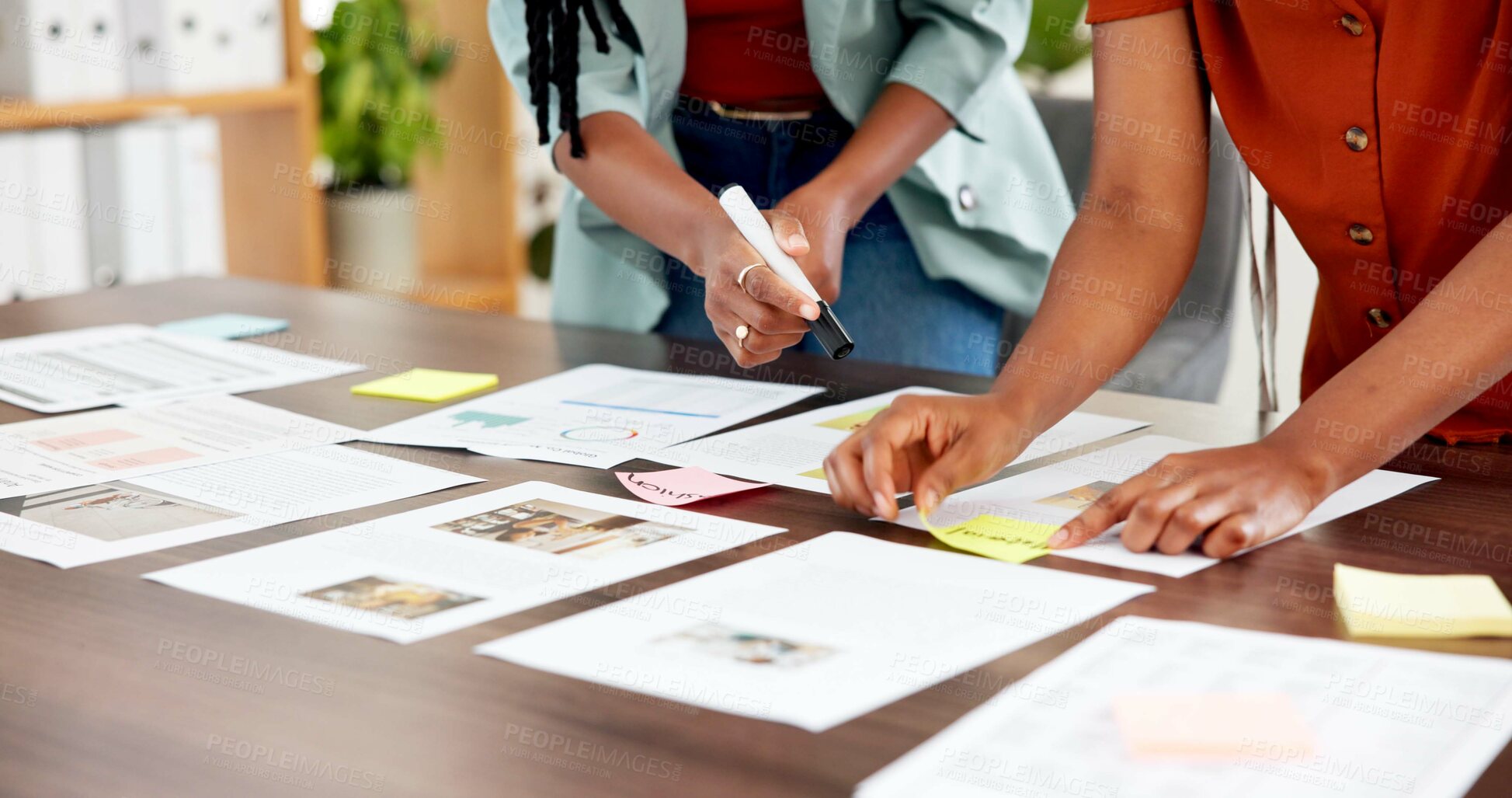 Buy stock photo Sticky note, documents and hands with business women for campaign, project timeline and mindmap. Target audience briefing, branding pitch and brainstorming session with employees for meeting