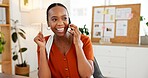 Branding, creative agency or black woman with phone call for negotiation, plan launch or agenda discussion. Marketing, communication or campaign manager with tech, project schedule or client approval