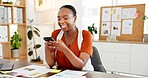 Phone, happy and black woman in office with networking, communication or social media on break. Smile, technology and African female person with cellphone for texting, contact or chatting on app.