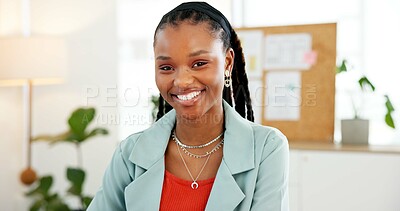 Buy stock photo Portrait, media agency and black woman in office, smile or magazine editor with confidence. African person, copywriting or journalist in workplace, happiness or pride with career ambition or creative