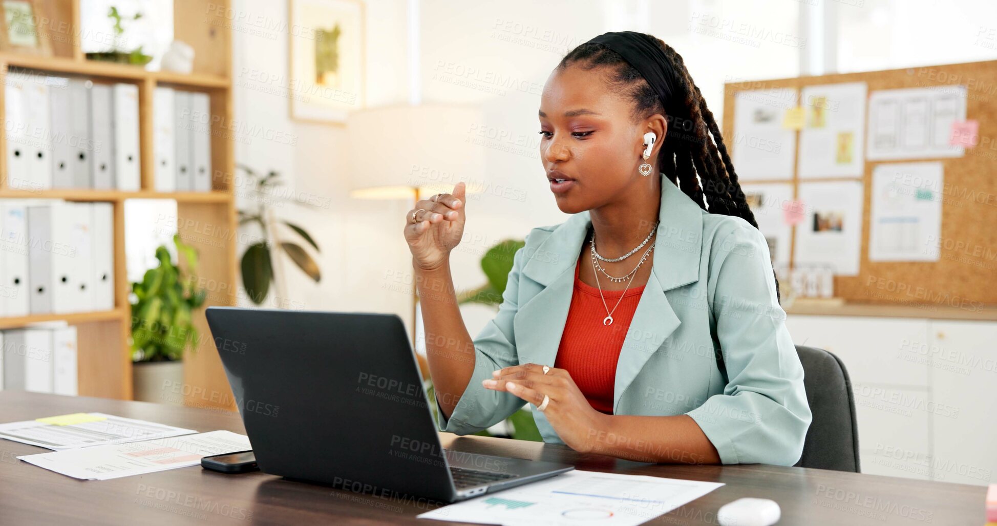 Buy stock photo Black woman, laptop and video call at startup, talk and documents with charts, review or contact at office. African person, pc and virtual meeting for sales stats, report or graphs at creative agency