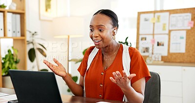 Buy stock photo Happy, black woman and shocked with laptop for good news, celebration or promotion in office. Excited, business person and employee with profit on computer for deal, order or sale at workplace