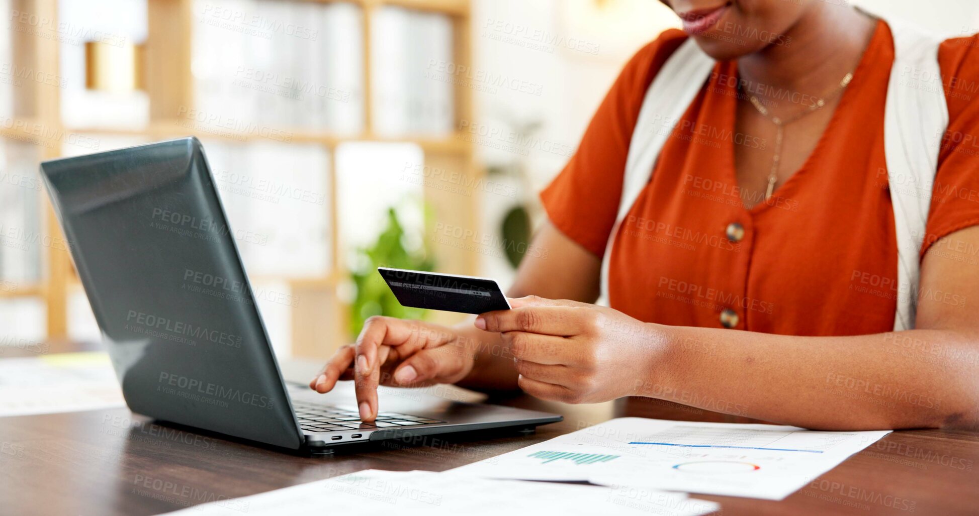 Buy stock photo Office, laptop and hands with credit card, online shopping and virtual payment for purchase and app. Typing, shopper and person with tech for digital transaction, ecommerce and discount on website