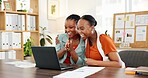 Happy, black women and hug with laptop for good news, celebration or promotion in office. Excited, business people and winning team with profit on computer for deal, order or sale at workplace
