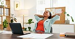 Woman, laptop and relax in office with stretching for break, productive day and finish finance task. Consultant, black person and rest with computer, complete financial project and job satisfaction.