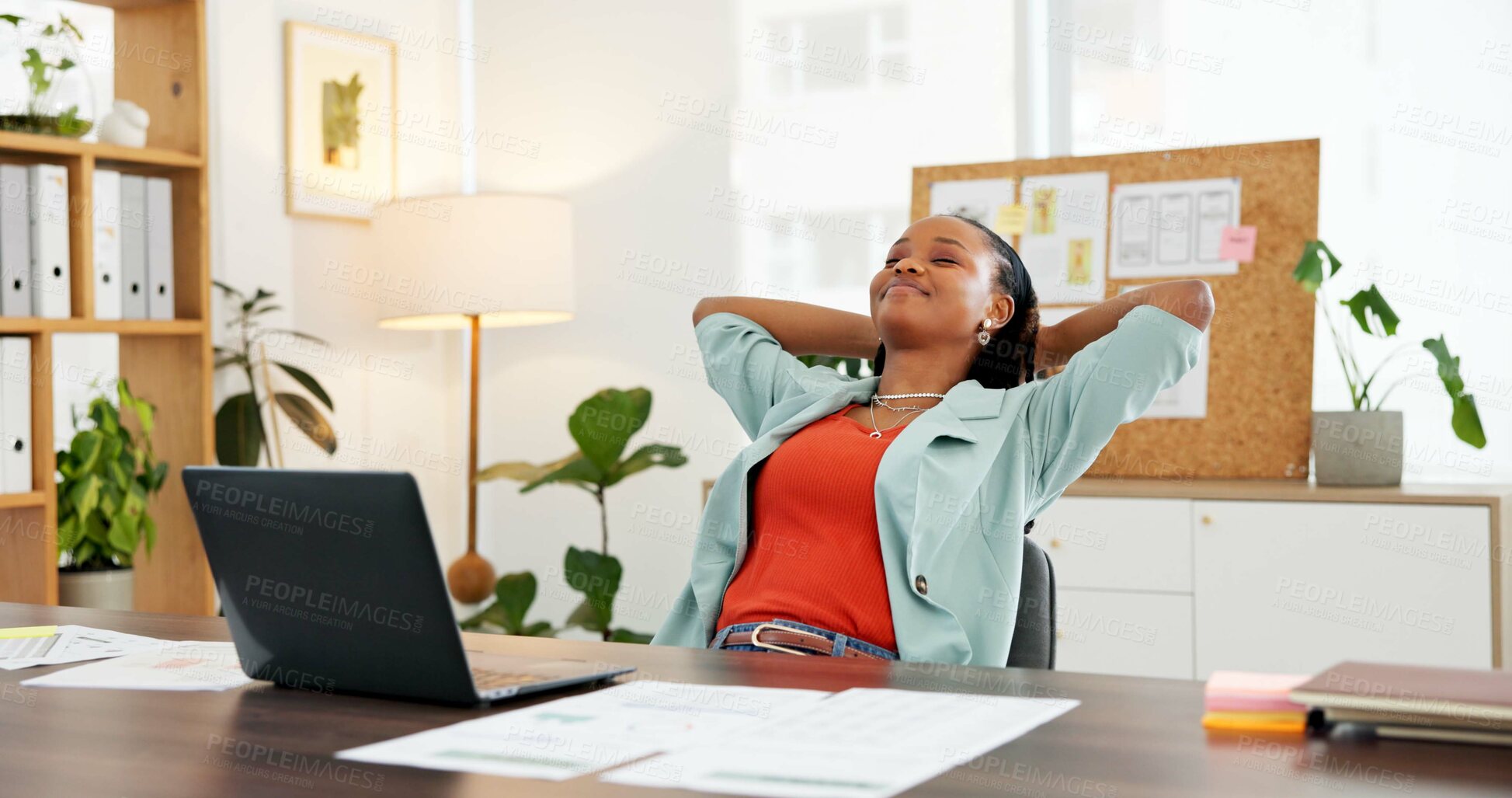 Buy stock photo Woman, laptop and relax in office with stretching for break, productive day and finish finance task. Consultant, black person and rest with computer, complete financial project and job satisfaction.