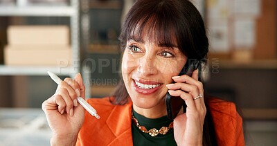Buy stock photo Woman, phone call and smile with logistics at startup with discussion, supply chain and online order. Mature person, talk and smartphone for e commerce, customer care or contact for distribution
