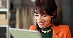 Ecommerce, owner and smile with tablet in small business for sales report, delivery and planning. Online shop, woman and thoughtful with digital app for fashion dropshipping and stock procurement