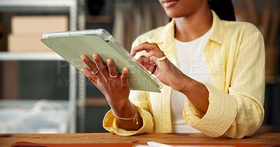 Buy stock photo Hands, person and fashion ecommerce with tablet to confirm order, schedule shipping and inquiry. Woman, digital and inventory with clothes stock, supply chain and logistics report for delivery agenda