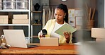 Box, ecommerce and scan with black woman and tablet for supply chain, delivery information and shipping. Order schedule, logistics barcode and distribution with person in factory for tracking number