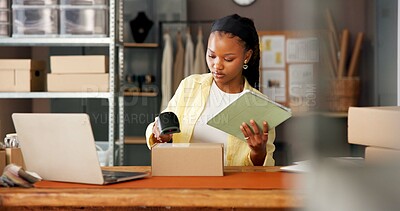 Buy stock photo Black woman, scan box and tablet for supply chain, delivery information and shipping at startup. African person, logistics and barcode with package, distribution and app for inventory management