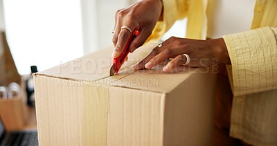 Buy stock photo Hands, small business delivery and woman open box for logistics stock, online order and supply chain. Distribution startup, owner and package cutting for client parcel, courier service or shipping