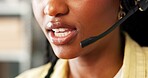 Smile, woman and mouth with headset in call centre for consultation, customer service and advice. Closeup, agent and talking with mic of online assistance, client inquiry and helping for tech support