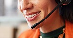 Mouth, headset and talk at warehouse, logistics and happy for deal, e commerce and dropshipping. Woman, microphone and voip tech for contact, smile or customer support for delivery service at startup