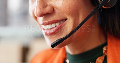 Buy stock photo Advice, woman and mouth with headset in call centre for consultation, customer service and CRM. Closeup, agent and talking with mic of online assistance, client inquiry and helping for tech support