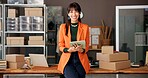 Face, ecommerce and tablet with business woman in warehouse for shipping, fashion retail and about us. Designer startup, creative clothing entrepreneur and supply chain with mature person in factory