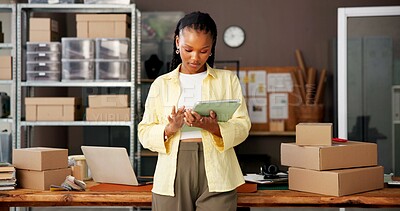 Buy stock photo African woman, tablet and fashion ecommerce to confirm order, schedule shipping and inquiry. Female person, digital and inventory for clothes stock, supply chain and logistics information of delivery