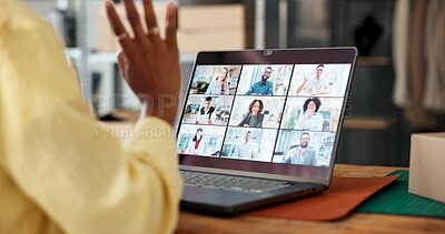 Buy stock photo Laptop screen, video call and hand wave in small business for meeting or supply chain discussion. Office, greeting and person on computer in virtual conference, logistics or shipping with team