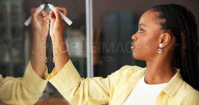 Buy stock photo Black woman, glass wall and writing with planning for supply chain, ecommerce and business growth ideas. Person, mind map and strategy development for sales increase, logistics and notes at startup